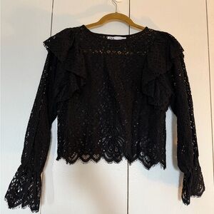 Zara Black Lace Ruffle Long-Sleeve Crop Top